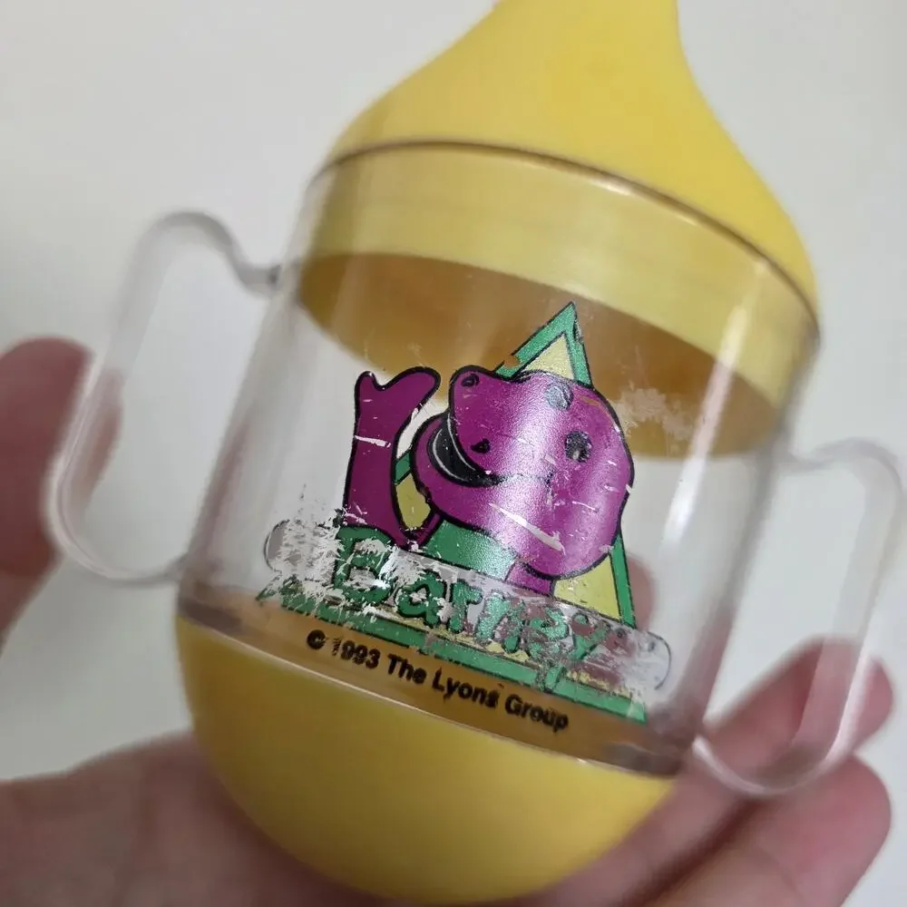 Vintage 1993 Barney Purple Dinosaur Sippy Cup Yellow Double Handle